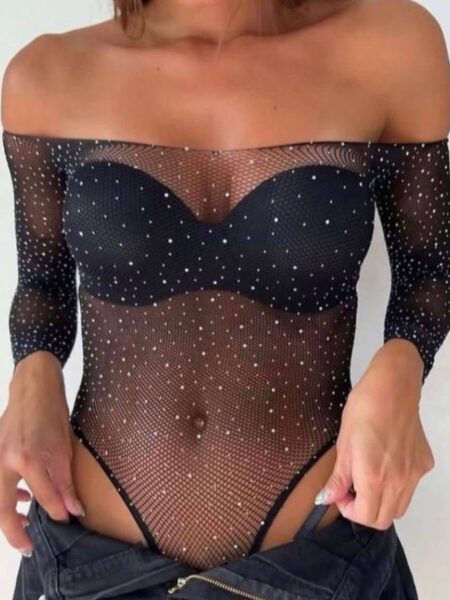 Kadın Bluz Crop Taşlı Işıltılı File Bodysuit Zıbın Kombin Gece